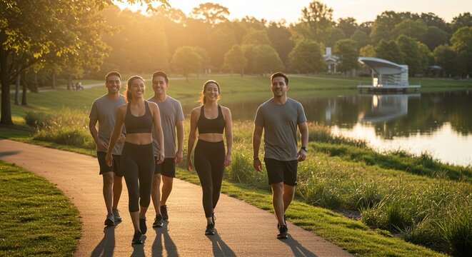 Athletic group strolls outdoors enjoying sunlight by lakeside during morning exercise