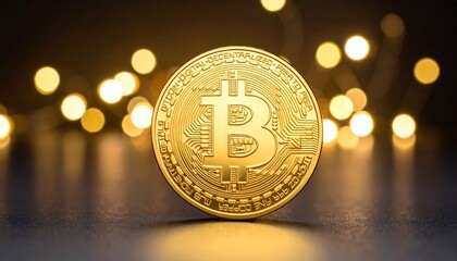 single golden coin Bitcoin with bokeh background
