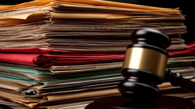 Wooden gavel rests beside large stack of legal documents and paper files on a dark oak table, suggesting law, legal work and legislation.