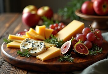 elegant cheese board arrangement featuring assorted cheeses fresh fruits mixed herbs intricate display appetizers entertaining, cheeseboard, gourmet