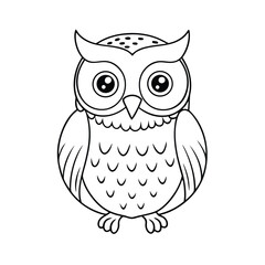 Fototapeta premium Cartoon owl outlined in black shows an owl sitting on a white background