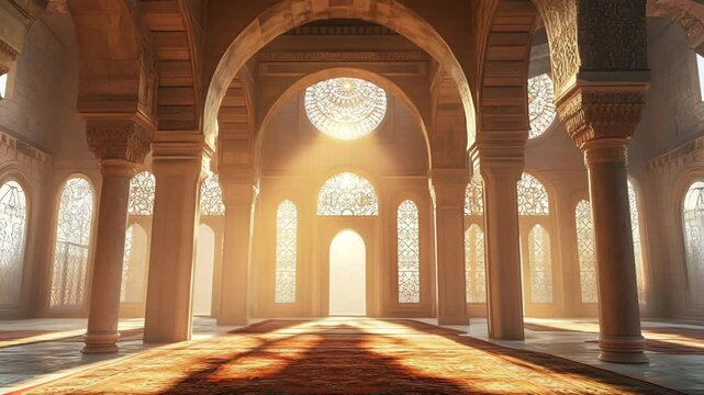 A large, empty room with a lot of windows and a sun shining through them. The room is very open and spacious, with a lot of natural light coming in. The atmosphere is peaceful and serene