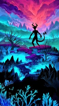 Horned figure silhouette in fantasy landscape under colorful cloudy sky, walking in blue grassland and rocks, trees and mountains