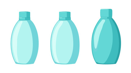 Collection of Three Transparent Aqua Cosmetic Bottles with Blue Caps Perfect for Bathroom Use