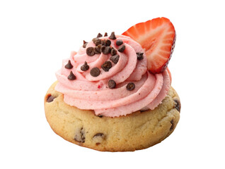 Chocolate chip cookie topped with creamy strawberry frosting cream isolated on a transparent background png
