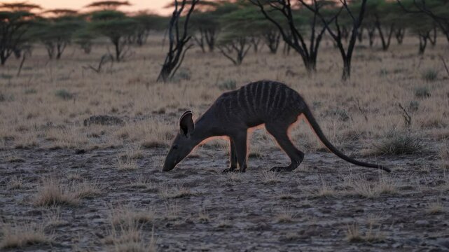 Low-angle video shot of an aardvark walking in a savannah at sunset, highlighting its natural habitat and behavior in a serene setting.