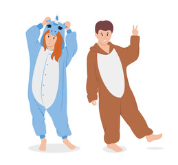 Cartoon Color Characters Couple in Pajamas Concept. Vector illustration