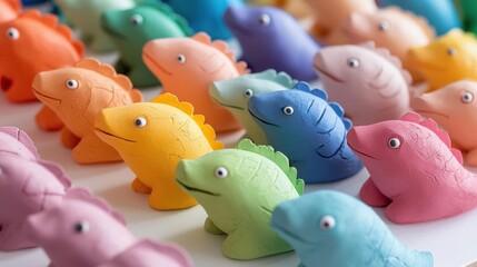 Group of small, colorful fish-shaped objects arranged in a grid-like pattern on a white surface. the fish are made of clay and are of different colors - orange, yellow, green, blue, pink, and purple.