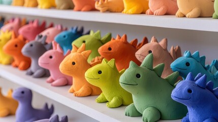 Obraz premium Row of colorful dinosaur figurines on a white shelf. the figurines are made of clay and are arranged in a neat and orderly manner.