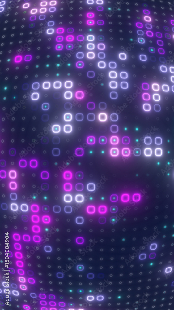 Poster digital purple matrix of glowing squares on a soft curved grid, creating a futuristic display