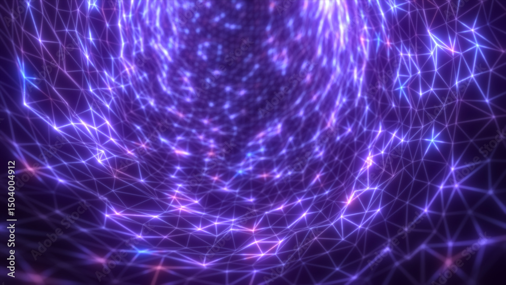 Wall mural glowing purple energy mesh forming a twisting tunnel of connected triangular nodes in a digital spac