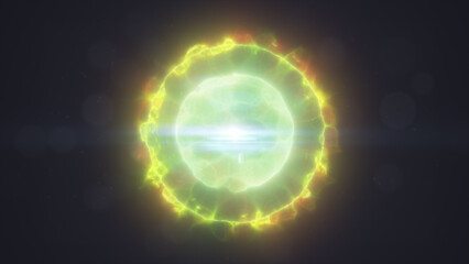 Bright neon green glowing sphere with energy waves and light flares, radiating a futuristic digital effect