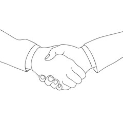 Line artwork depicts two businessmen dressed in suit jackets shaking hands firmly together