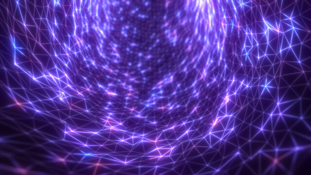 Glowing purple energy mesh forming a twisting tunnel of connected triangular nodes in a digital space