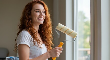 Young woman with curly red hair holds a paint roller, smiling while preparing to paint a window frame in a bright, airy room with natural light and a cheerful atmosphere