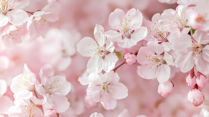 Close up of beautiful pink cherry blossom blooming on branches in spring with delicate flowers and petals in a natural garden setting, a soft pink floral blurred background.