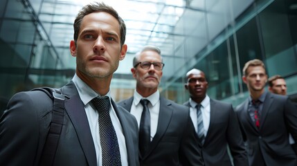 A diverse group of business people walking confidently through a modern building, exuding professionalism and success