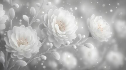 Elegant Monochrome Flowers  Soft White Blooms  Delicate Petals   Grey Background  Nature P