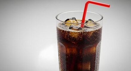 Glass of with ice cubes, red straw on white background. Refreshing fizzy drink, cold beverage, refreshing summer drink, isolated. Food and drinks for hot weather, party