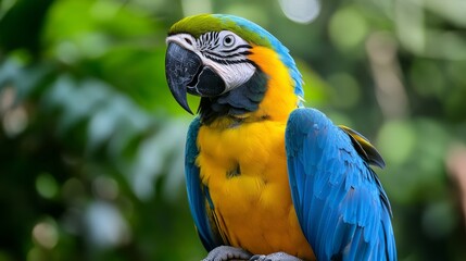 Obraz premium Vibrant blue-and-yellow macaw parrot perched on a tree branch with tropical foliage in the background, showcasing the colorful plumage and exotic beauty of a south american rainforest bird in natural 
