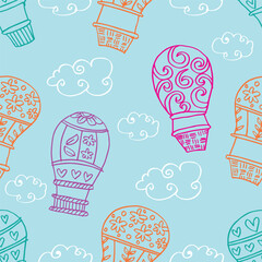 Seamless pattern with hot air balloons floating amongst clouds