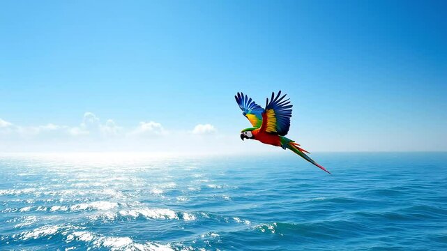  Vibrant parrot flying over shimmering ocean under clear sky