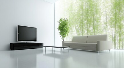 Modern living room with minimalist design, featuring a flat-screen TV, beige couch, and bamboo-paneled windows