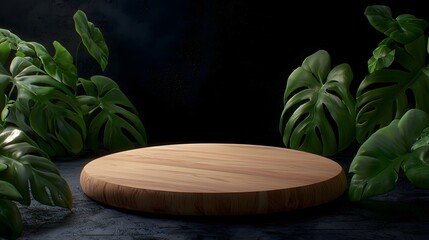 Obraz premium Circular Wooden Podium Surrounded by Lush Green Monstera Leaves Against a Dark Background