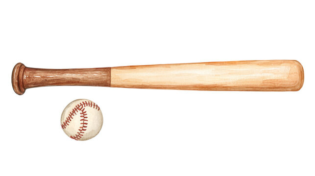 Watercolor image of baseball bat and ball, showcasing classic sports theme with vibrant colors and details