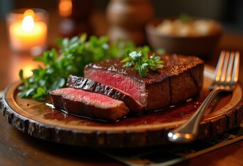 succulent grilled steak plated rustic wood platter charred juicy meat garnished fresh herbs cutlery gourmet dining experience, cuisine, bbq, barbecue, appetizer