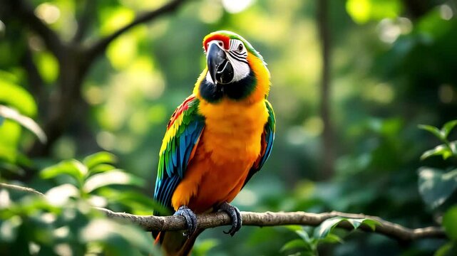 Vibrant parrot perched in sunlit jungle, squawking joyfully