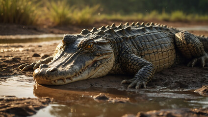 Naklejka premium Crocodile Basking in Golden Sunlight on Muddy Riverbank