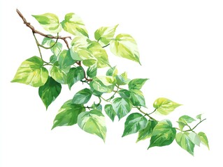 A green leafy branch with fresh variegated leaves on a white background.