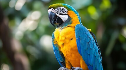 Obraz premium Vibrant blue-and-yellow macaw parrot perched on a tree branch with tropical foliage in the background, showcasing the colorful plumage and exotic beauty of a south american rainforest bird in natural 