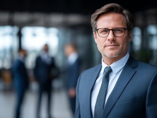 A confident businessman in a suit stands in focus, with colleagues blurred in the modern office background.
