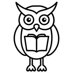 Owl with open book line art black icon on white background.
