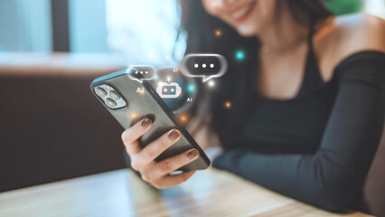 Happy user interacting with AI chatbot on smartphone – digital assistant concept, Artificial intelligence technology automatically responds to online messages to help customers instantly.