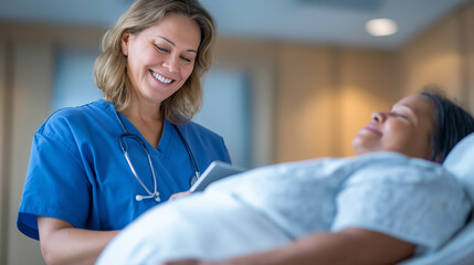 Fototapeta premium Bariatric nurse measuring patient abdomen in medical examination room