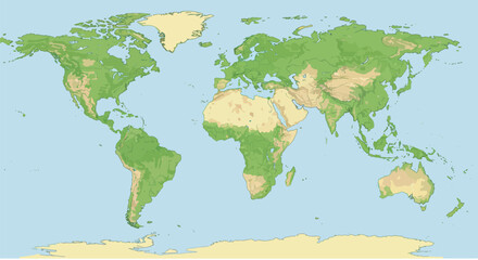 Detailed vector illustration of a world map showing continents, countries, and natural features; oceans and seas .