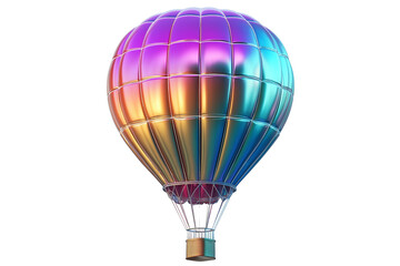 Naklejka premium Futuristic holographic hot air balloon isolated on white background. Iridescent 3D airship, futuristic travel, surreal aviation, dreamy floating object, metallic aesthetic, sci-fi design