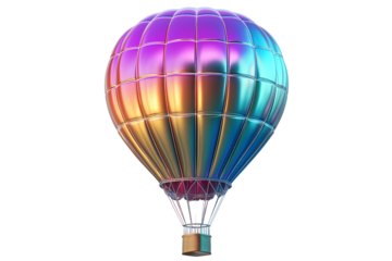 Futuristic holographic hot air balloon isolated on white background. Iridescent 3D airship, futuristic travel, surreal aviation, dreamy floating object, metallic aesthetic, sci-fi design