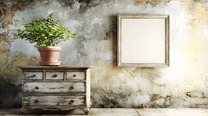 Vintage Wooden Cabinet with Planter Against Textured Wall and Blank Frame in Cozy Interior Space