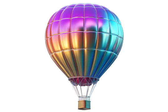 Futuristic holographic hot air balloon isolated on white background. Iridescent 3D airship, futuristic travel, surreal aviation, dreamy floating object, metallic aesthetic, sci-fi design