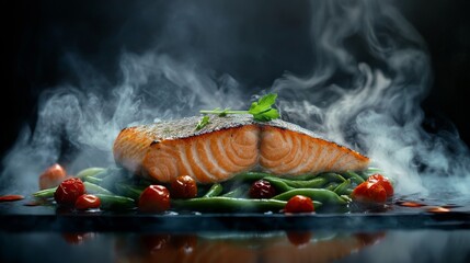 41.A culinary presentation of a steaming salmon fillet resting on a bed of saut&Atilde;&copy;ed green beans and cherry tomatoes, surrounded by subtle steam rising against a dark background.