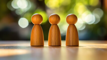 Three wooden figurines stand in a row.
