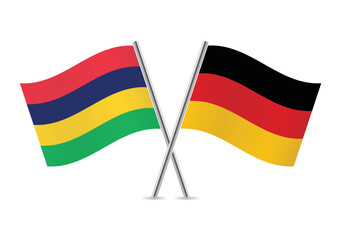 Mauritius and Germany crossed flags. Mauritian and German flags on a white background. Vector icon set. Vector illustration.