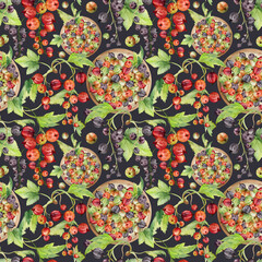 Currant gooseberry in clusters, leaves on ceramic dish hand drawn in watercolor, ripe garden berry harvest, casseille jostaberry. Seamless pattern isolated on dark. Organic food packaging, eco textile