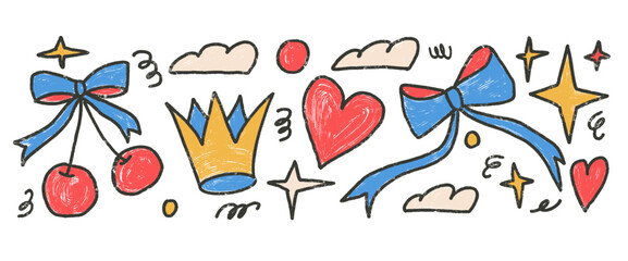 Kids graphic shapes crayon drawn set. Naive multi colors doodle stickers figures on white background. Crown, cherry, heart and bow with geometric forms sketch elements. Vector illustration by pencil.