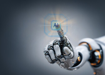  White cyborg robotic hand pointing his finger - 3D rendering isolated on free background. Turn on AI mode.