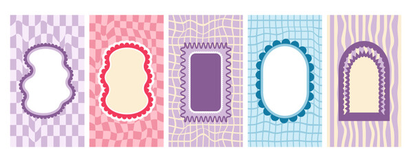 Retro funky arch and geometric frames with groovy checkerboard background. Set of fun vintage colors borders with scallop edges. Text boxes oval, rectangle templates. Vector illustration.